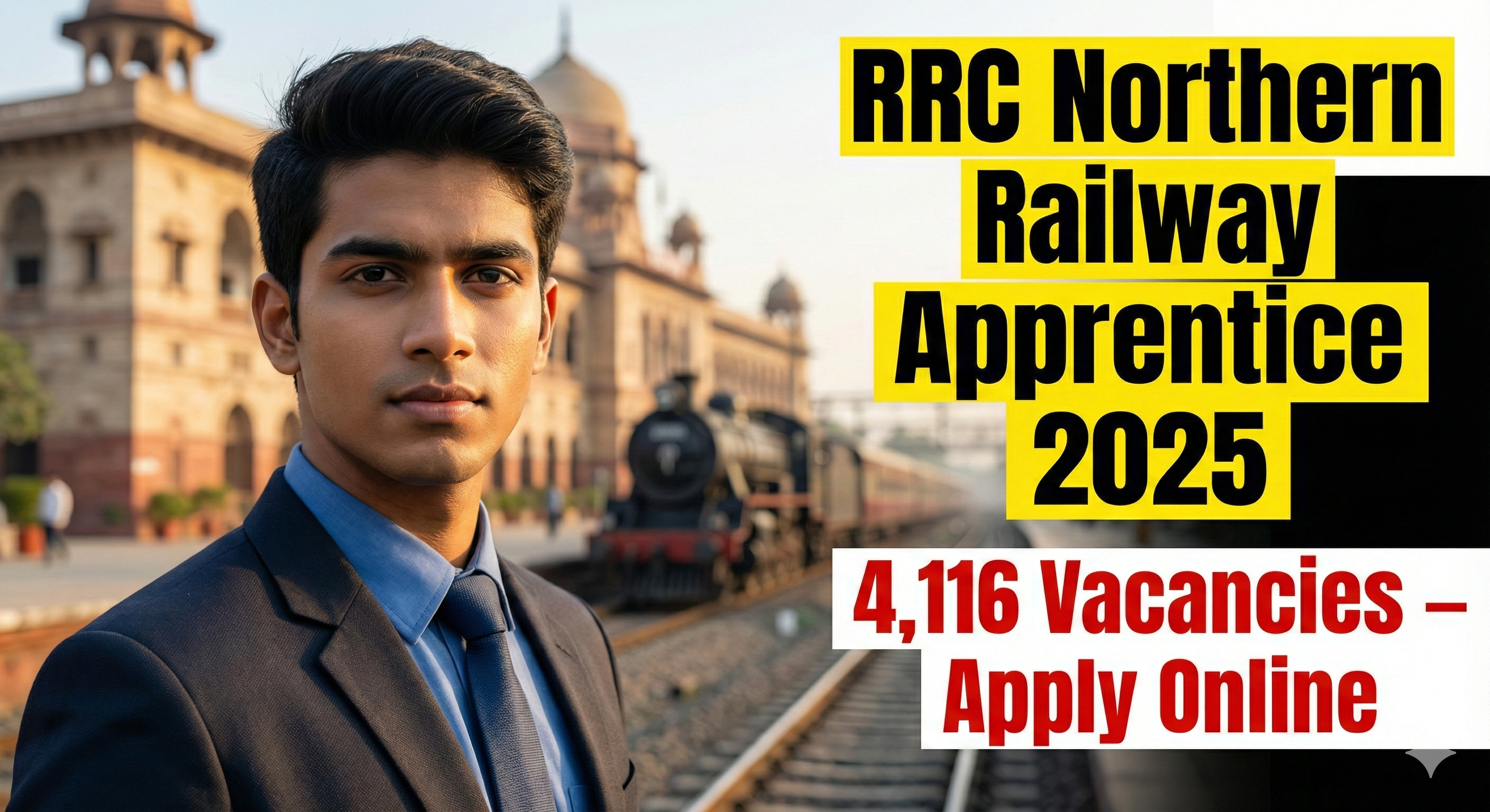 Exam Window RRC Northern Railway Apprentice Recruitment 2025 thumbnail featuring Indian Railway background, youth candidate, and bold text showing 4,116 apprentice vacancies and apply online details.