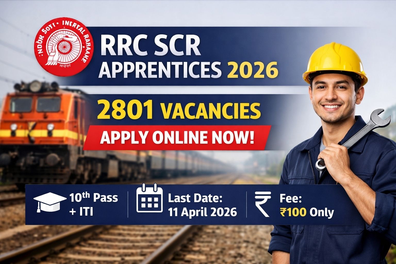 RRC SCR Apprentices 2026 – South Central Railway Railway Recruitment Cell 2801 Trade Apprentice Vacancy Notification, Apply Online from 12 March to 11 April 2026